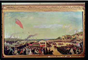 Napoleón III (1808-73) dando la bienvenida a la Reina Victoria (1819-1901) en el puerto de Boulogne, 18 de agosto de 1855